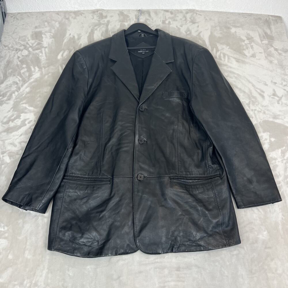 VTG Jones New York Blazer‎ Mens 46R Black Leather Classic Old Money Preppy Y2K